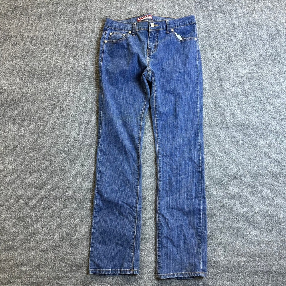 Uka Jeans Denim Pants Womens Size 9 Blue Straight Leg Stretch Purple Embroidery